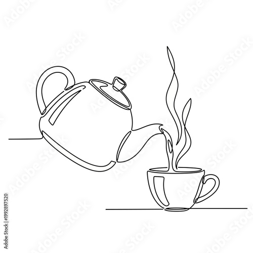 Continuous line drawing of a teapot pouring hot beverage into a cup with steam rising.