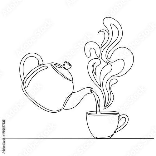 Continuous line drawing of a teapot pouring hot beverage into a cup with steam