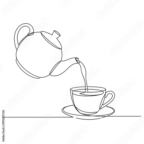 Continuous line drawing of a teapot pouring tea into a cup on a saucer