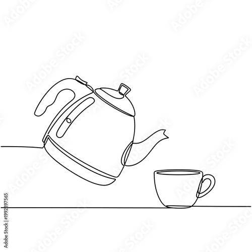 Continuous line drawing of an electric kettle pouring hot water into a cup