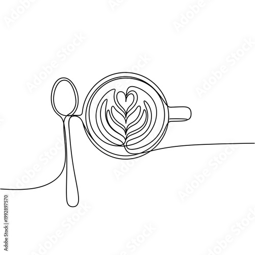 Minimalist Line Art Coffee Cup with Latte Art and Spoon