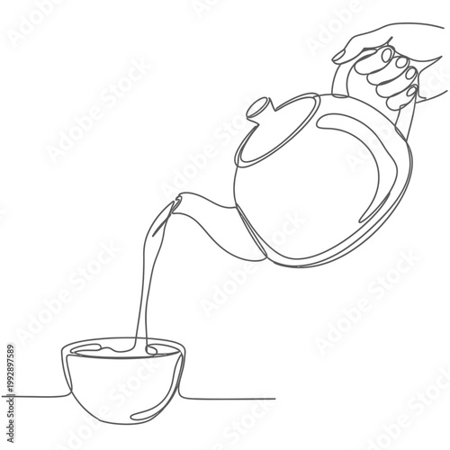 Continuous Line Drawing of Hand Pouring Tea from Teapot into Cup