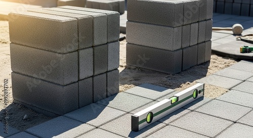 Outdoor paving construction site on a sunny day, neatly stacked concrete blocks arranged for pathway installation
