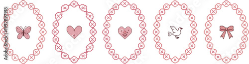 Oval frames containing a butterfly, heart, flower heart, dove, and ribbon bow are displayed in a decorative horizontal sequence.