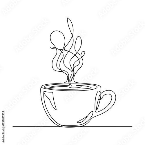 Minimalist Single Line Drawing of Steaming Coffee Cup, Hot Beverage, Continuous Line Art