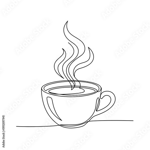 Minimalist single line drawing of steaming coffee cup, hot beverage, morning drink.