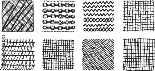 Cross-hatching textures featuring diverse linear and chain-link styles offer repeating geometric motifs suitable for adding depth and structural visual interest to various creative compositions.
