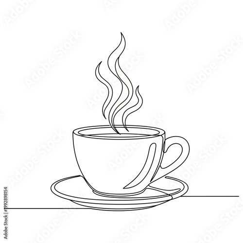 Single line drawing of a steaming coffee cup on saucer, minimalist, fresh, morning drink