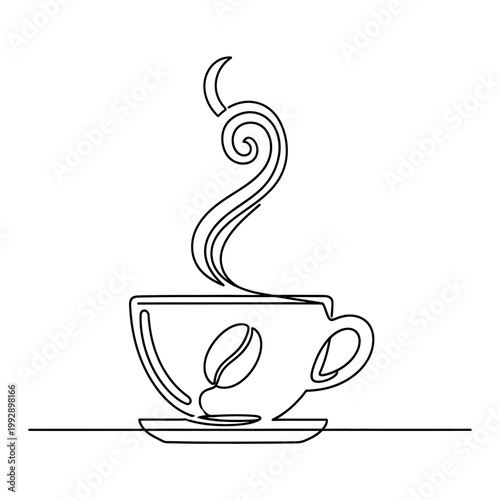Single Line Drawing of a Steaming Coffee Cup with Bean Detail