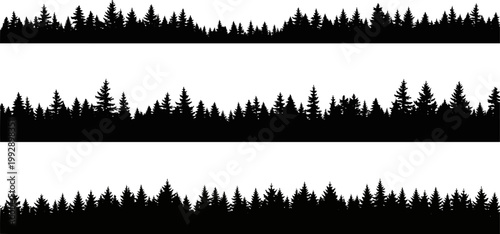 Set of three black coniferous forest silhouettes with pine and spruce trees for landscape design and borders