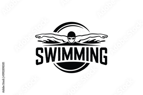 Swimmer doing butterfly stroke sport logo with circle.