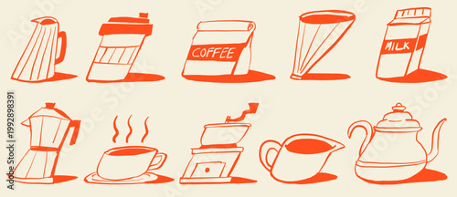 Hand-drawn illustration set of coffee and beverage elements in doodle style. Ideal for menu design, cafe branding, packaging, beverage concepts, cafe culture, hot drinks, morning routine, and barista 