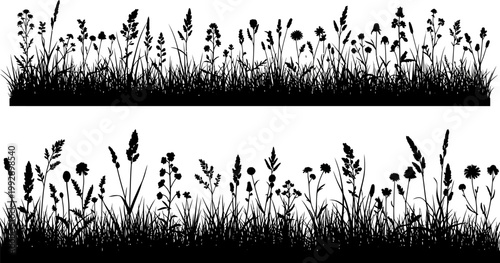 Black silhouette of meadow grass and wildflowers horizontal border vector illustration set isolated on white background