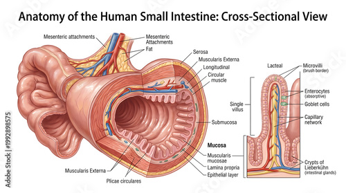 Anatomy of the human small intestine in cross‑section showing mucosa with villi, submucosa, muscularis externa, serosa and mesentery attachments, plus enlarged villus diagram highlighting lacteal and 