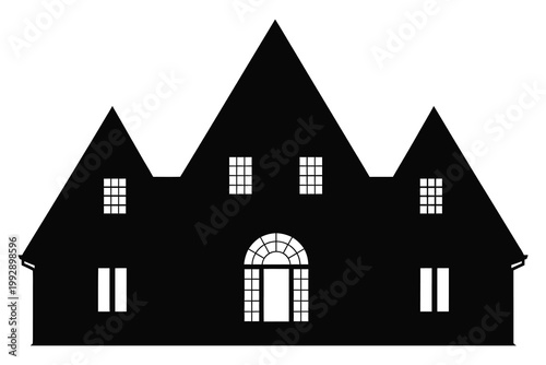 Silhouette of a large house with multiple windows and a prominent arched doorway, resembling a haunted mansion