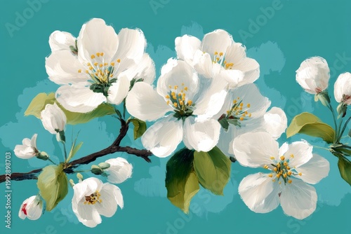 Delicate white blossoms on a turquoise background representing springtime and natural beauty in vibrant colors for various design projects. Generative AI