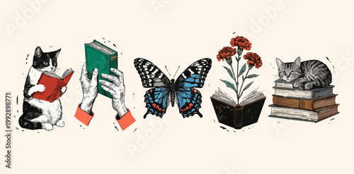 Books and Reading Sticker Set with Calico Cat, Vintage Books, Butterfly and Wildflowers in Retro Brown Ink Style Vector Illustration