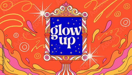 Glow Up Retro Groovy Illustration with Ornate Mirror Frame and Stars.