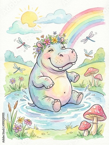 Cute Merch Style, Happy Cute Character, Adorable Animal Vibes, Sweet Cartoon Mood, Charming Hippo in Watercolor with Rainbow and Flowers