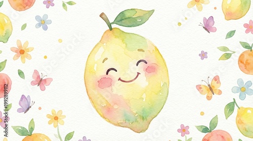 Cute Merch Style, Happy Cute Character, Adorable Animal Vibes, Sweet Cartoon Mood, Cheerful Watercolor Lemon Surrounded by Floral Elements