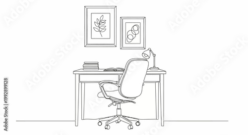 Minimalist home office desk setup with chair, lamp, books and art, line drawing.