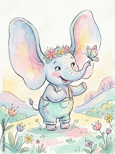 Cute Merch Style, Happy Cute Character, Adorable Animal Vibes, Sweet Cartoon Mood, Charming Watercolor Elephant with Butterfly Design
