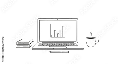 Minimalist illustration of laptop with bar chart, books, pen, and coffee mug on white background