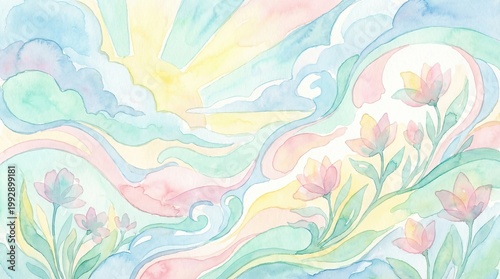 Cute Merch Style, Happy Cute Character, Adorable Animal Vibes, Sweet Cartoon Mood, Serene Pastel Landscape with Flowers and Sunlight Rays