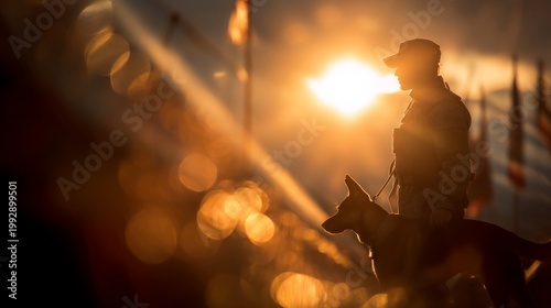 A soldier stands confidently with a loyal dog against a stunning sunset backdrop showcasing strength valor and companionship in a captivating moment of unity. Generative AI