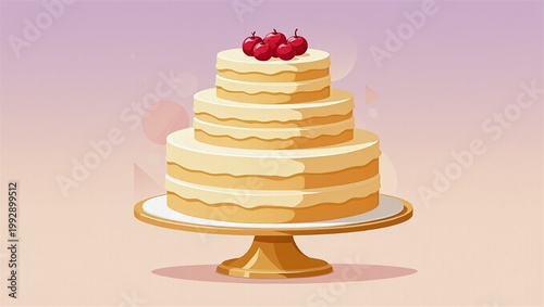 Illustrated birthday cake with cherries on top in a festive pastel scene