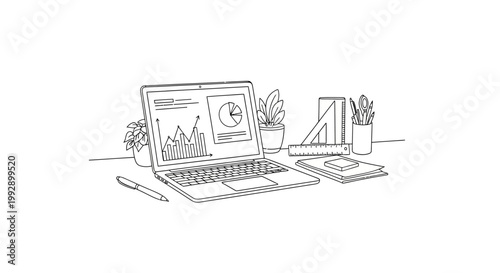 Hand-drawn illustration of a laptop with charts and graphs, office supplies, and plants