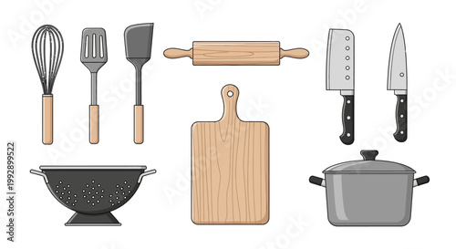 Kitchen Utensils and Cooking Tools on a White Background