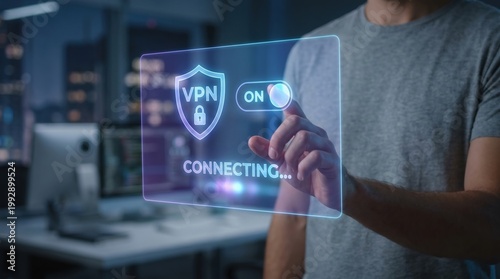 Person activating a vpn connection on futuristic digital interface with glowing shield icon in modern office setting