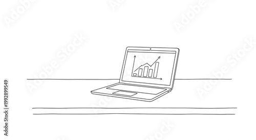 Hand-drawn laptop displaying growth chart on screen, simple sketch, business concept