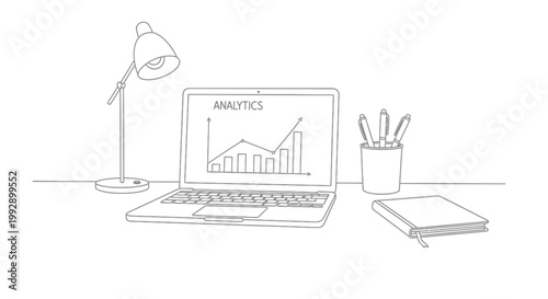Hand-drawn laptop displaying analytics graph, desk lamp, notebook and pens, business concept