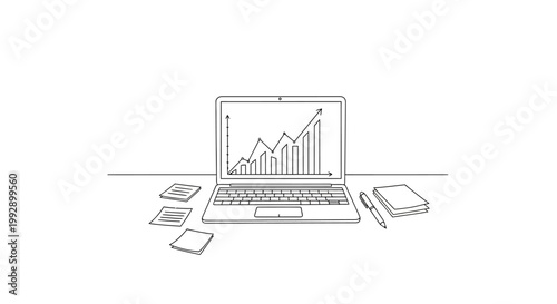 Hand-drawn laptop displaying growth chart, desk with papers and pen, business concept