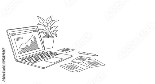 Hand-drawn laptop with financial chart, plant, and calculator papers on desk