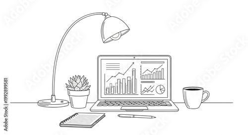 Hand-drawn Laptop with Financial Charts, Plant, Lamp, and Coffee Mug on Desk