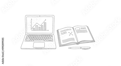 Hand-drawn laptop with financial chart and open book, study, work, business concept