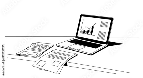 Laptop with business charts and documents on desk, hand-drawn illustration