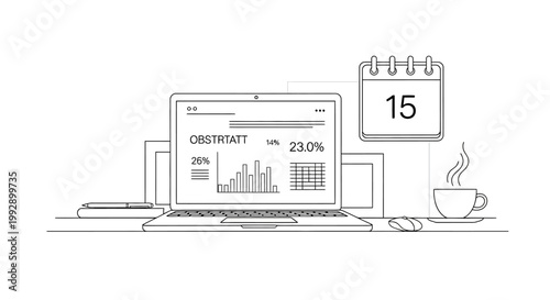Laptop with charts and calendar, business planning and workflow concept, line art illustration