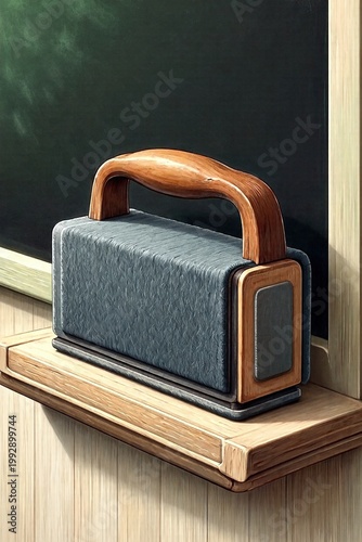 Chalkboard eraser resting on a classroom ledge beside a blackboard