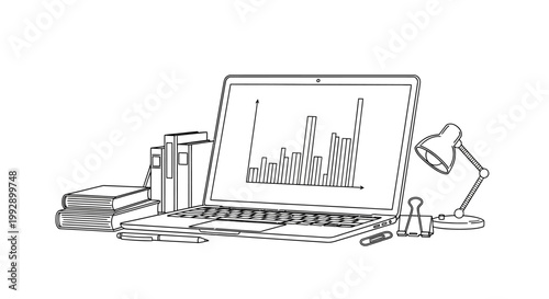 Laptop with financial chart, books, lamp, and pens - Hand-drawn sketch