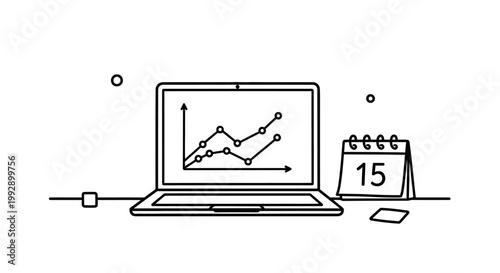 Laptop with financial chart and calendar showing the 15th, business analytics concept