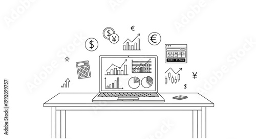 Laptop with financial charts and currency symbols, concept of online trading and investment
