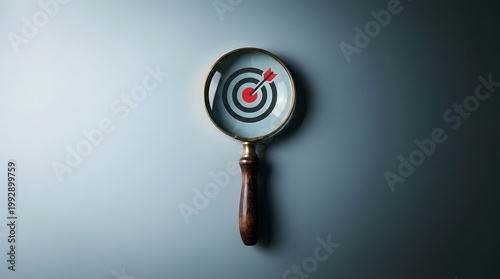 Magnifying glass focusing on a target with a red bullseye, symbolizing precision and accuracy.