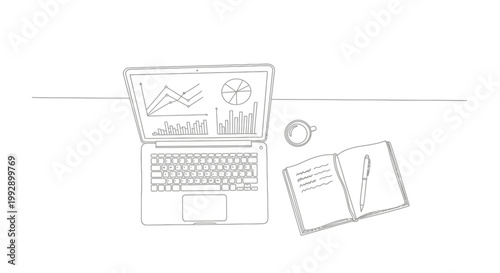 Laptop with financial charts, notebook and coffee on desk, overhead view, simple line drawing