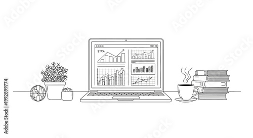 Laptop with financial charts, plant, coffee, and books on desk - illustration