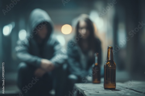 A somber scene of two individuals sitting in a dimly lit space with a focus on a beer bottle in the foreground conveying themes of contemplation and melancholy. Generative AI