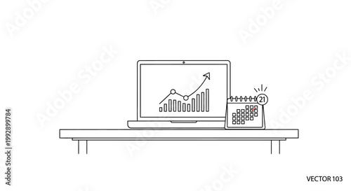 Laptop with growth chart and calendar icon on desk, business finance concept